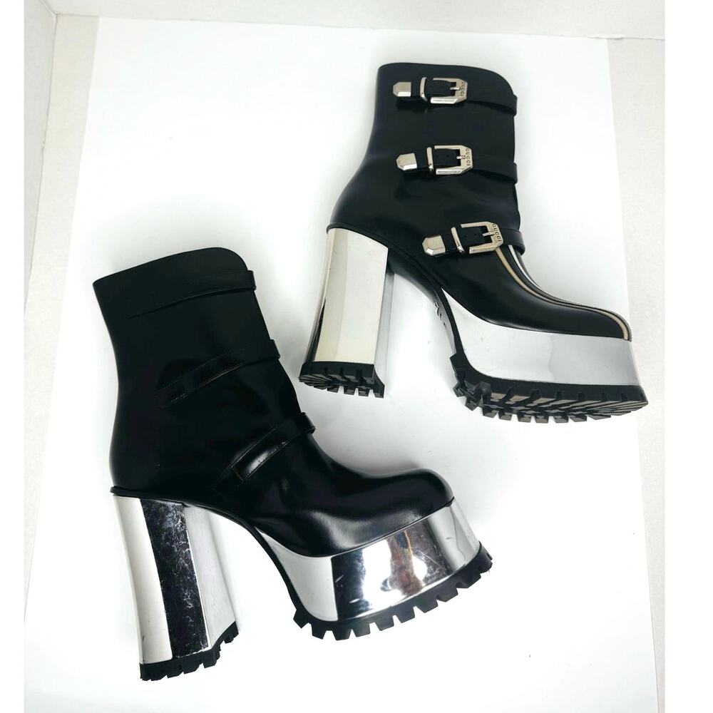 Gucci Platform Ankle Boots Black Leather Stripe Block Heel Chic Size EU 39 - Picture 3 of 12